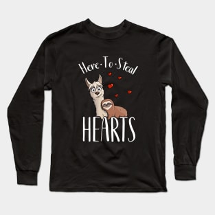 Valentine Sloth Riding Llama Here To Steal Hearts Long Sleeve T-Shirt